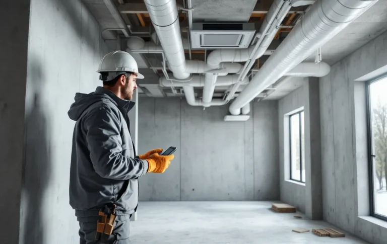 Un installateur professionnel pose un système de ventilation moderne dans une maison en construction avec des gaines et panneaux de contrôle visibles, à la lumière du jour.