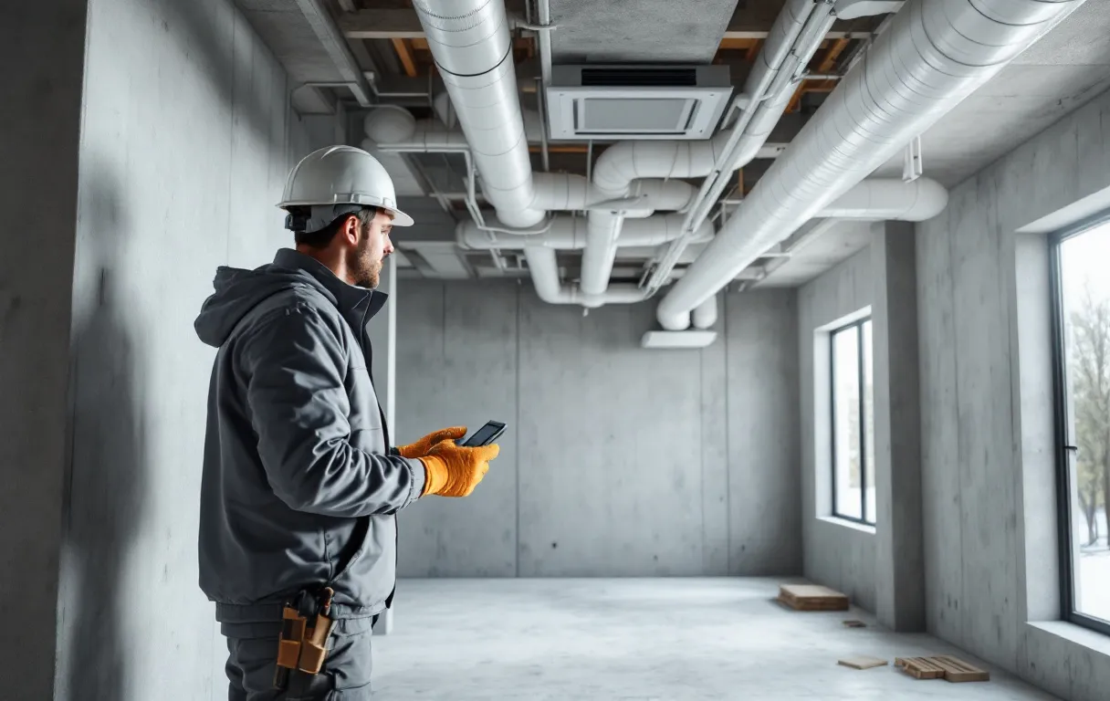 Un installateur professionnel pose un système de ventilation moderne dans une maison en construction avec des gaines et panneaux de contrôle visibles, à la lumière du jour.