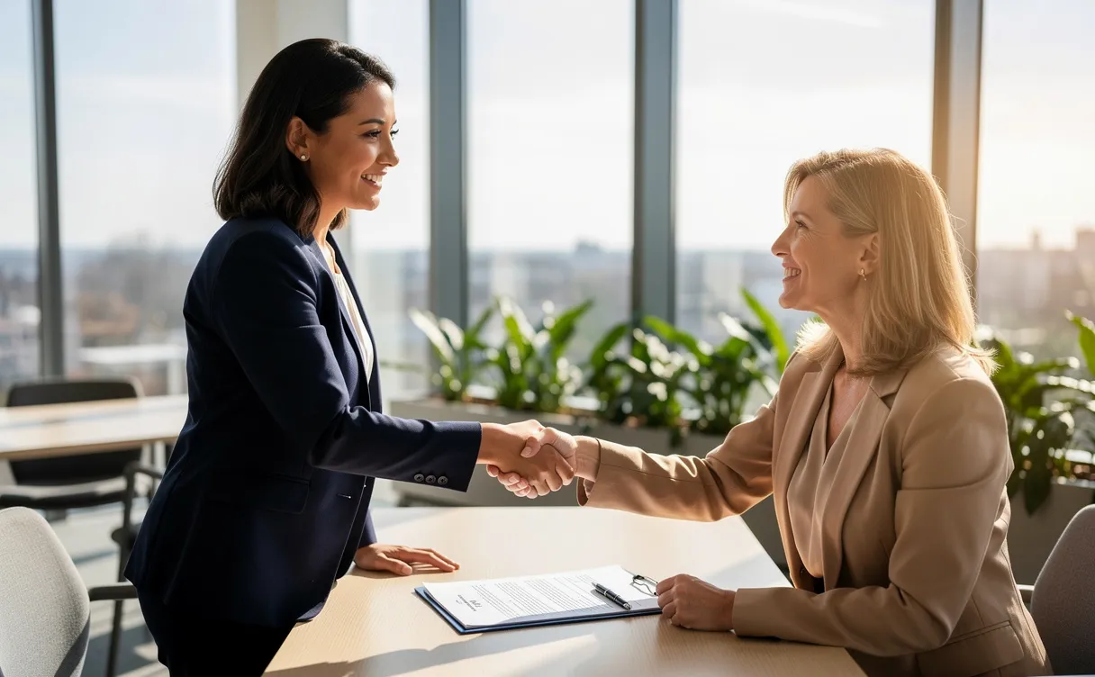 Deux femmes souriantes se serrent la main dans un espace de coworking lumineux avec un document posé sur la table entre elles.
