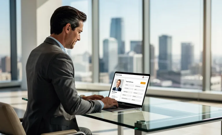 Un agent immobilier examine attentivement le profil d’un client sur un ordinateur portable dans un bureau moderne avec vue sur la ville.