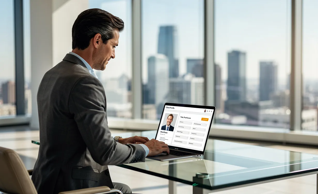 Un agent immobilier examine attentivement le profil d’un client sur un ordinateur portable dans un bureau moderne avec vue sur la ville.