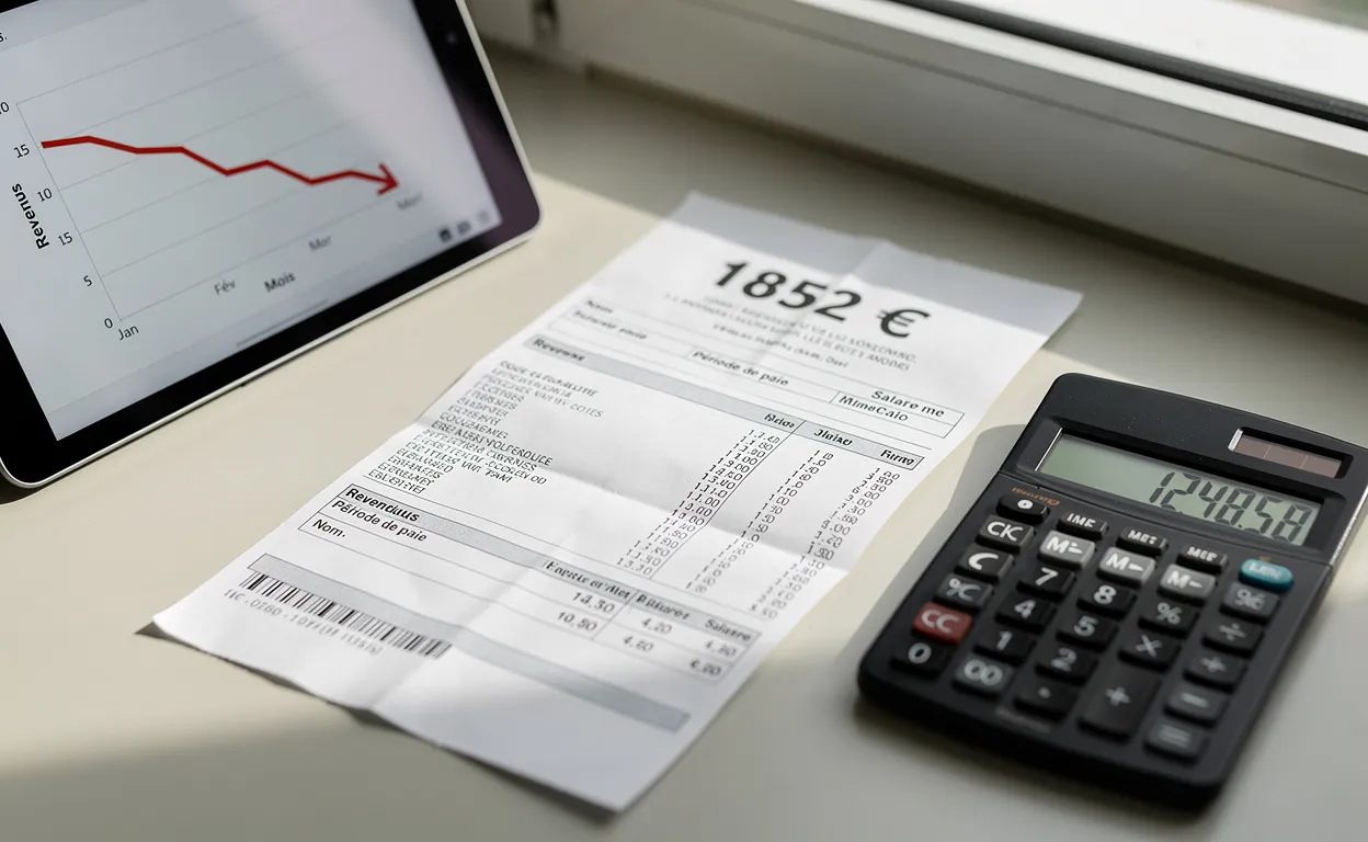 Un bulletin de salaire affichant 1852 euros, accompagné d’une calculatrice et d’un graphique numérique en baisse, sur une table éclairée par la lumière du jour.