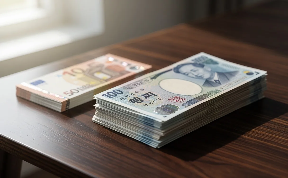 Des billets de won coréens empilés à côté d’une petite pile de billets en euros sur une table en bois éclairée par la lumière du jour.