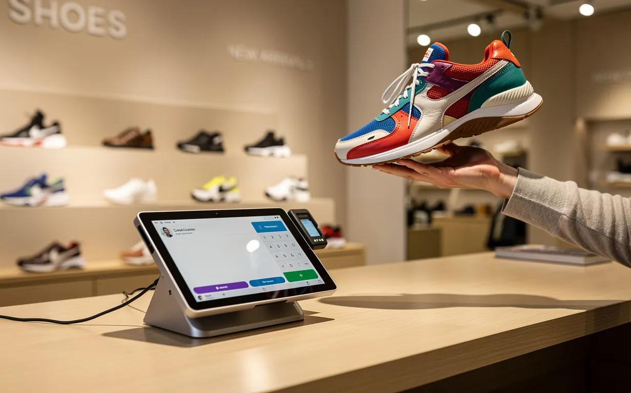 Un terminal de paiement moderne posé sur un comptoir de boutique de chaussures, à côté de présentoirs élégants et d’une main tenant une basket colorée.