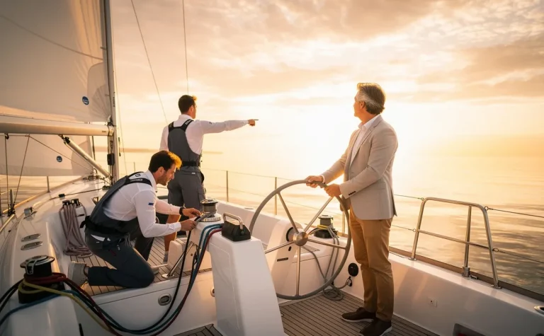 Un manager debout à la barre d’un voilier élégant regarde l’horizon avec deux membres d’équipage qui collaborent sur le pont sous un ciel doré.