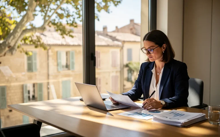 Une femme d'affaires examine des documents financiers à son bureau baigné de lumière, avec des éléments d'architecture provençale en arrière-plan.