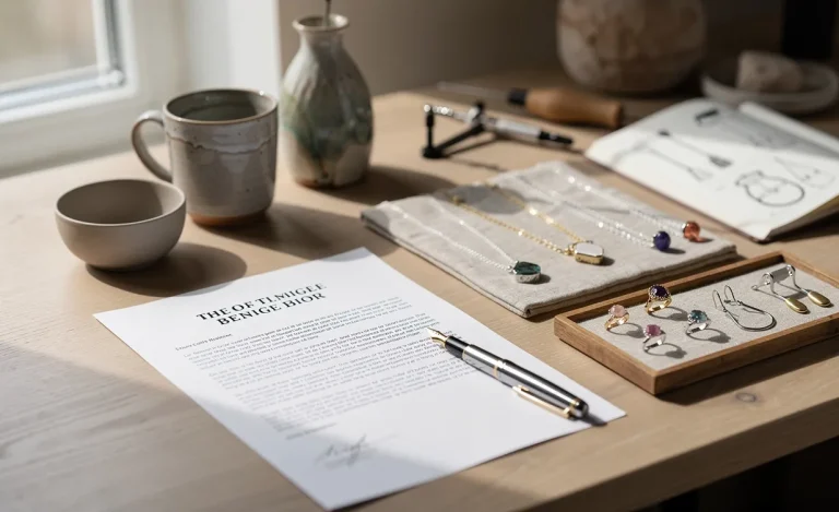 Un espace de travail lumineux où bijoux artisanaux et poteries côtoient des documents officiels et un stylo.