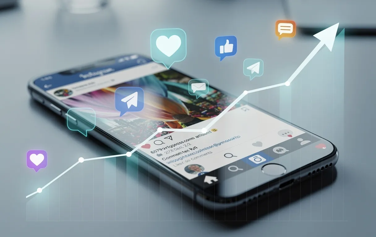 Un smartphone affiche une publication Instagram entourée d’icônes de réactions et surmontée d’un graphique illustrant une progression.