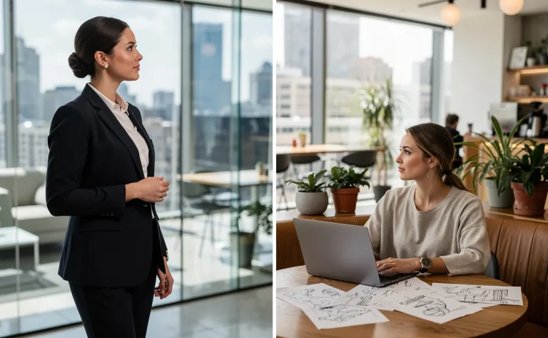 Deux femmes échangent dans un bureau moderne, l’une en tailleur debout et l’autre assise en tenue décontractée à une table avec un ordinateur et des croquis.