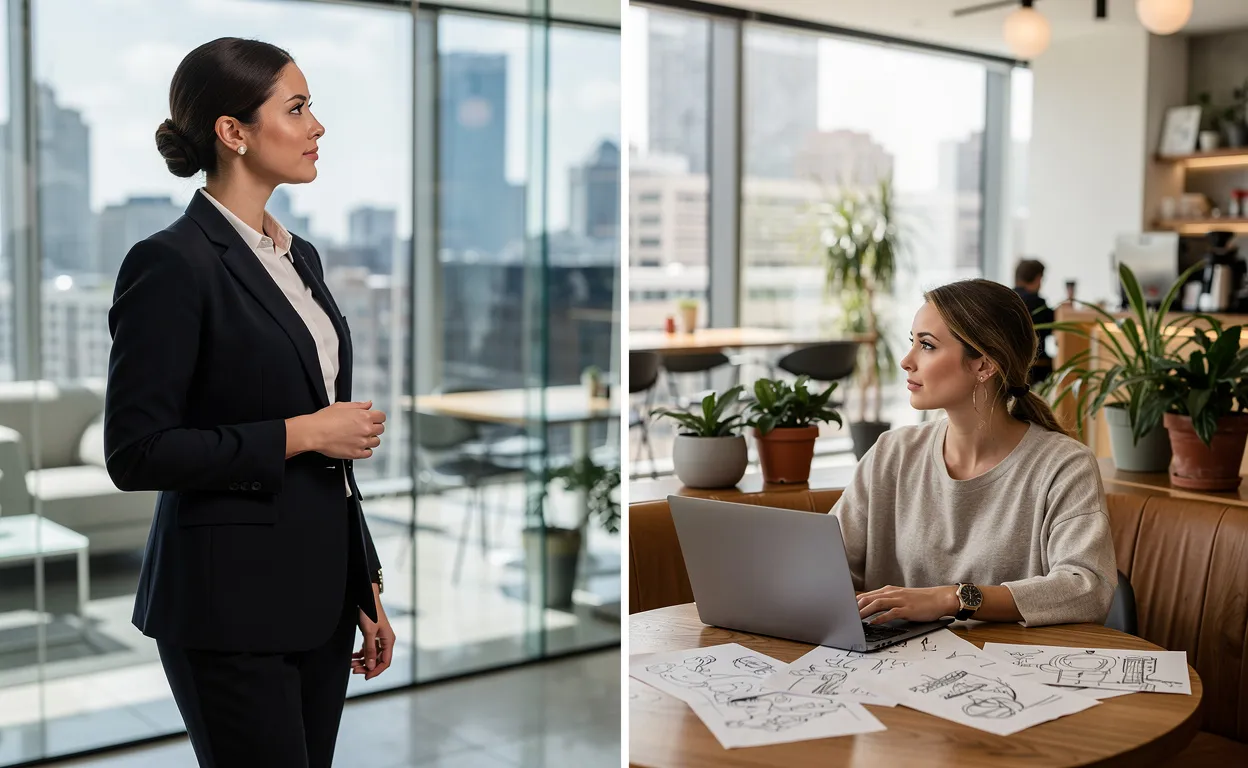 Deux femmes échangent dans un bureau moderne, l’une en tailleur debout et l’autre assise en tenue décontractée à une table avec un ordinateur et des croquis.