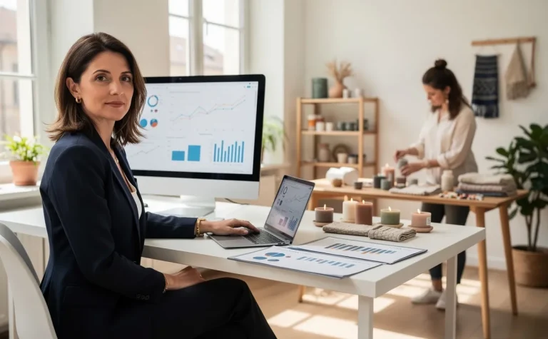 Deux femmes travaillent dans des environnements différents, l’une en tenue d’affaires devant un bureau moderne et l’autre dans un atelier mettant en place des créations artisanales, sous une lumière naturelle douce.