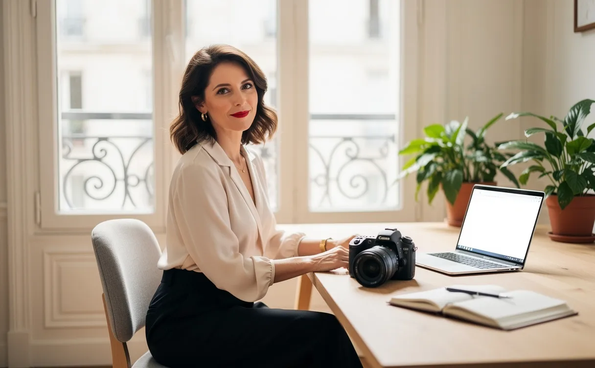 Une femme française assise à un bureau élégant près d’un ordinateur portable, d’un appareil photo et d’un carnet, baignée par la lumière du jour venant de hautes fenêtres parisiennes.