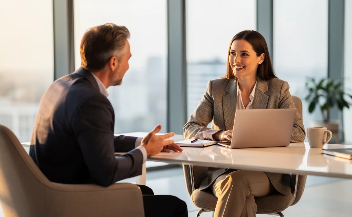 Une femme entrepreneure assise à un bureau moderne échange avec un coach dans une ambiance chaleureuse et élégante.