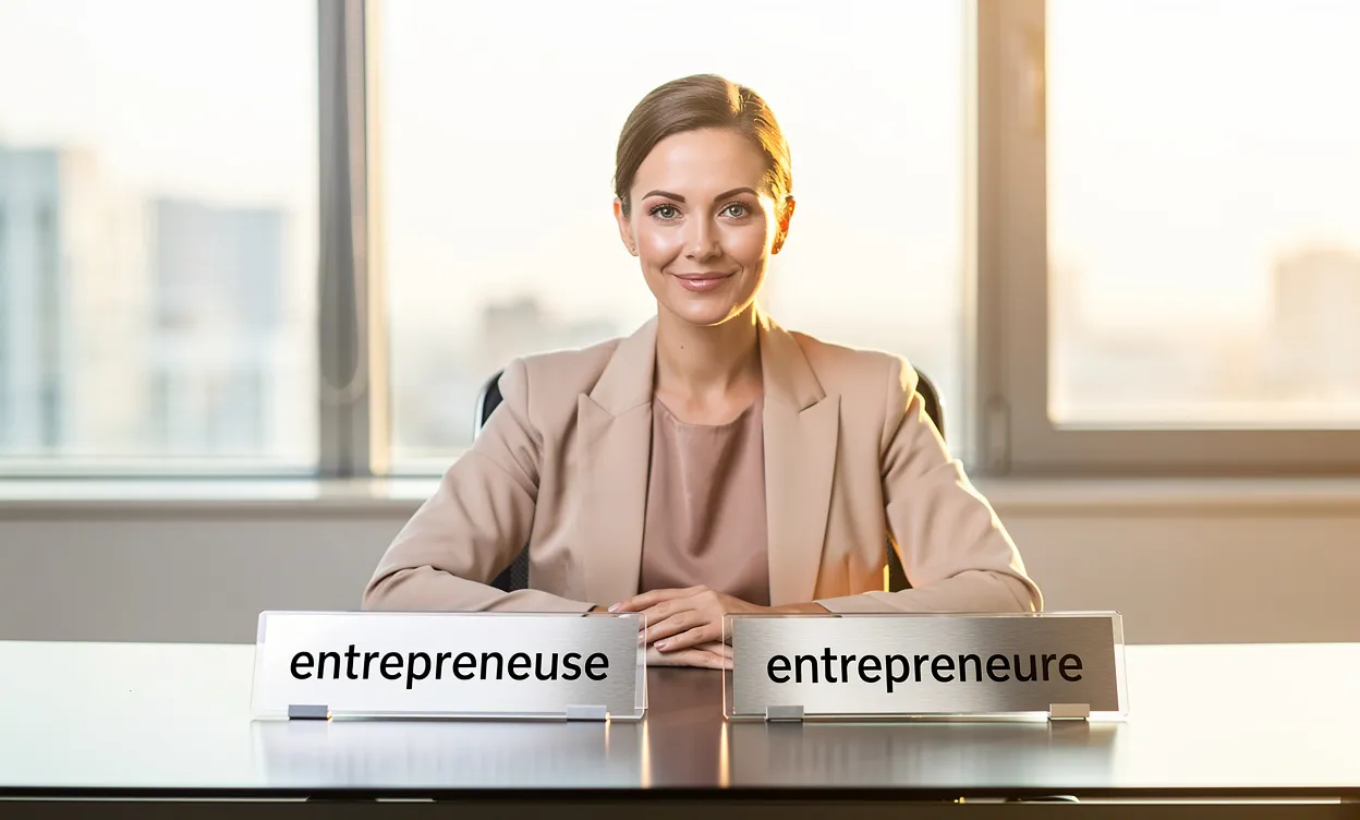 Une femme assise à un bureau moderne, devant deux plaques nommées entrepreneuse et entrepreneure, sous une lumière naturelle douce.