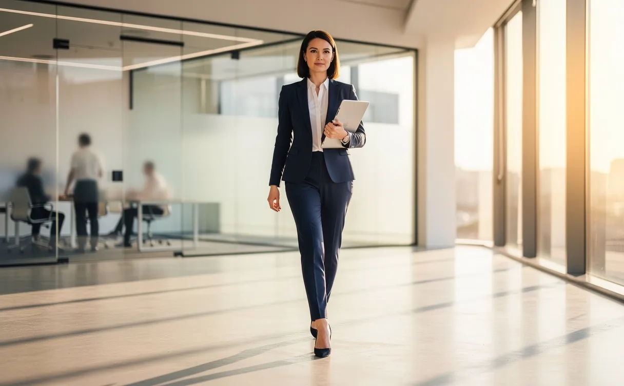 Une femme d'affaires marche dans un bureau moderne en verre avec un ordinateur portable à la main, éclairée par la lumière du matin.