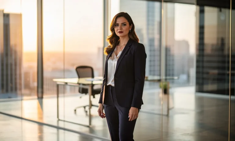 Une femme d’affaires se tient debout seule dans un bureau moderne en verre, baignée par la lumière du soleil entrant par de grandes fenêtres.