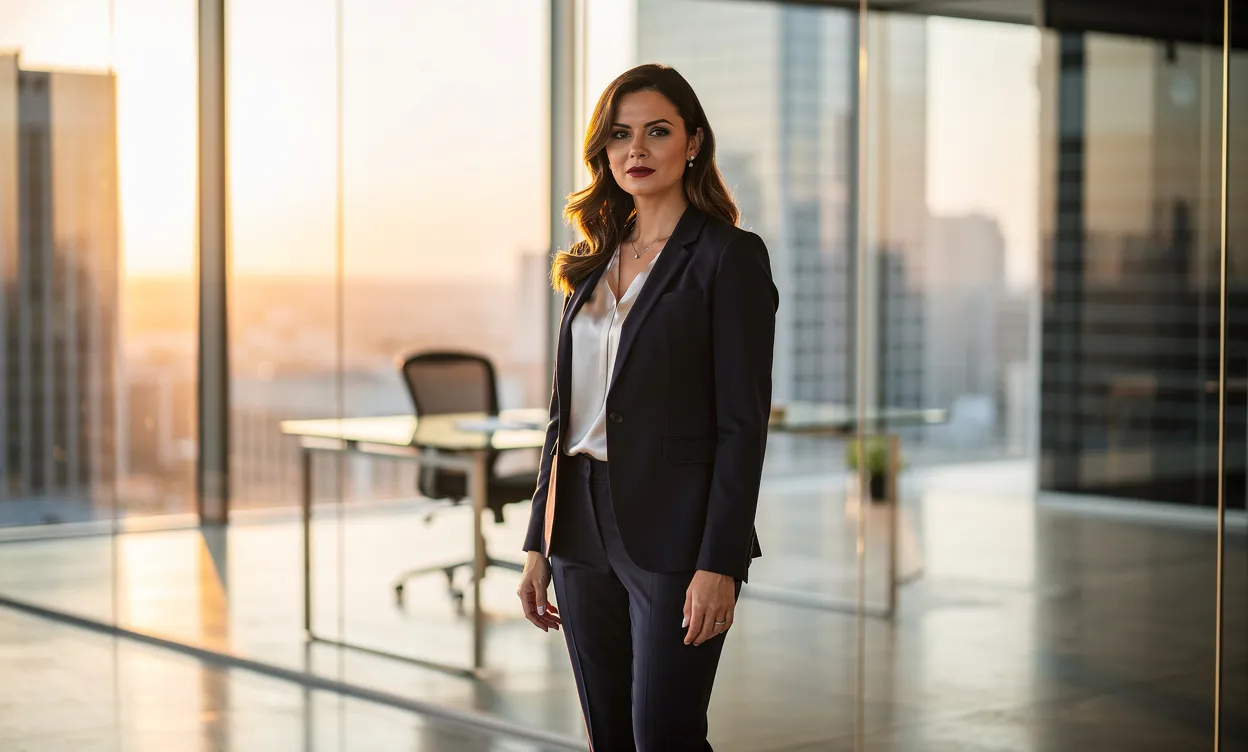 Une femme d’affaires se tient debout seule dans un bureau moderne en verre, baignée par la lumière du soleil entrant par de grandes fenêtres.