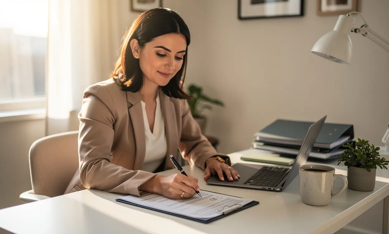 Une femme assise à son bureau signe des documents d’enregistrement d’entreprise, une alliance visible à son doigt, dans une ambiance lumineuse et élégante.