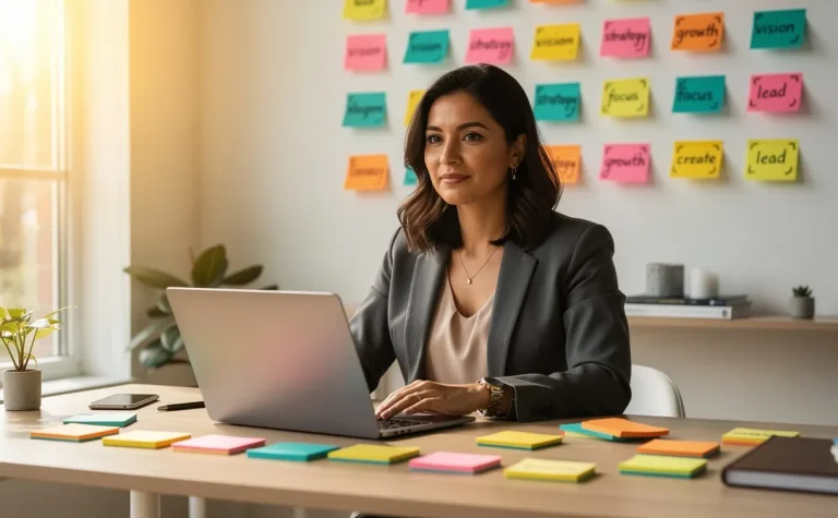 Une femme entrepreneure assise à un bureau épuré est entourée de notes colorées et d’un ordinateur portable, baignée par une lumière naturelle.