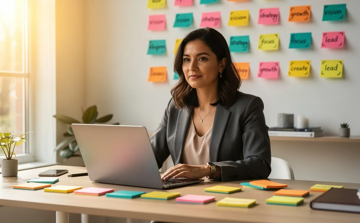Une femme entrepreneure assise à un bureau épuré est entourée de notes colorées et d’un ordinateur portable, baignée par une lumière naturelle.