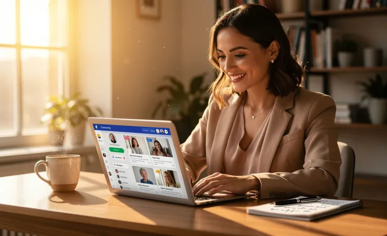Une femme assise à un bureau ensoleillé sourit en consultant une plateforme en ligne sur son ordinateur portable, avec un carnet et une tasse de café à côté d’elle.
