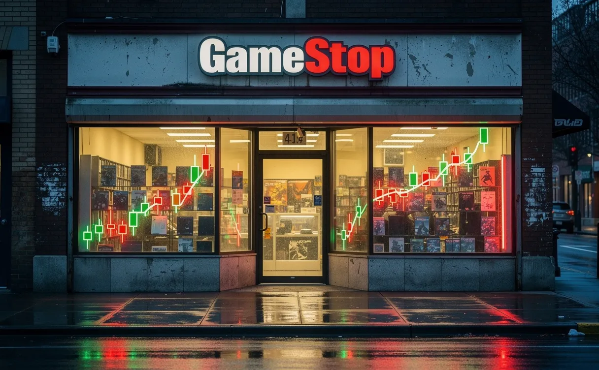 Façade vintage de magasin GameStop au crépuscule avec reflet d’un graphique boursier et lumières néon rouges et vertes.