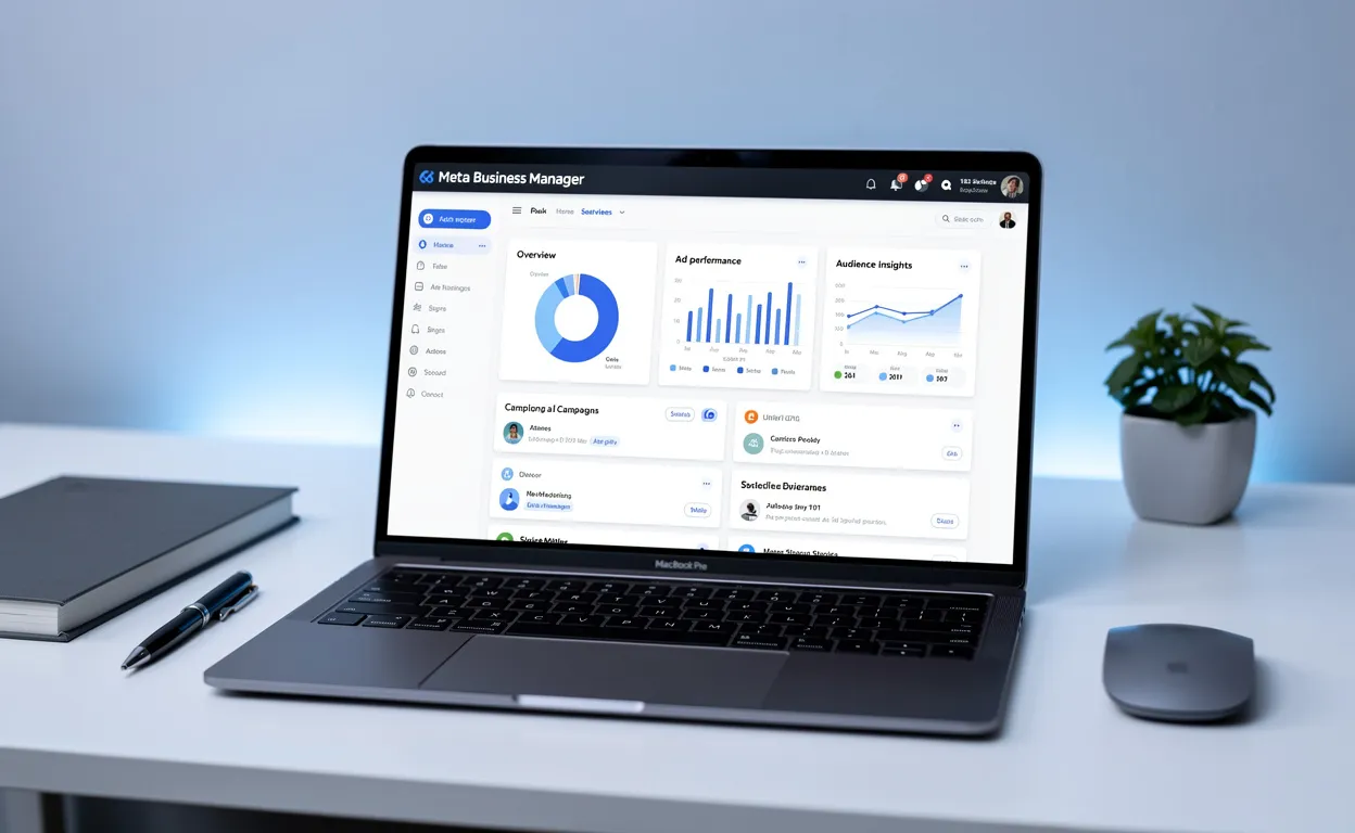 Un ordinateur portable affiche le tableau de bord Meta Business Manager sur son écran, entouré d’accessoires de bureau minimalistes dans une lumière bleutée douce.