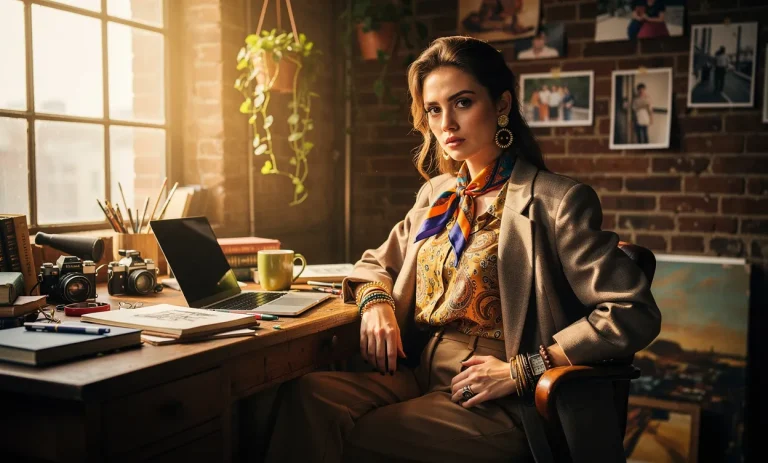 Une jeune femme assise avec assurance à un bureau encombré de vêtements rétro, d’un ordinateur portable et d’accessoires colorés, baignée par la lumière du soleil entrant par une fenêtre d’atelier.