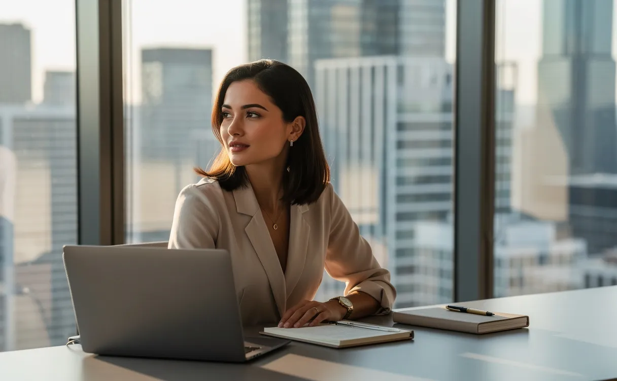 Une jeune femme assise à un bureau moderne regarde par la fenêtre vers une ville, avec un ordinateur portable et un carnet devant elle.