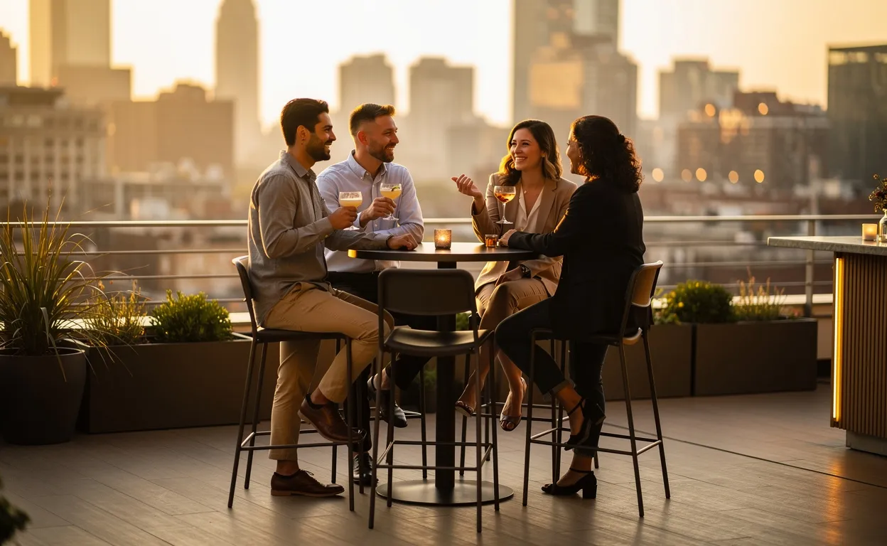 Un groupe de professionnels en tenue décontractée échange autour d’une table haute sur un rooftop moderne au coucher du soleil avec une vue sur la ville.