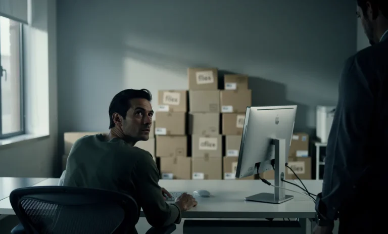 Un employé de bureau assis à son bureau regarde pensivement vers un espace de travail vide rempli de cartons de déménagement.