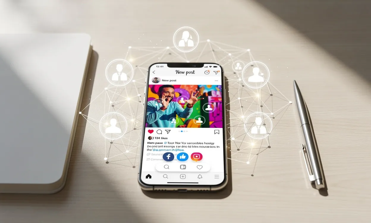 Un smartphone affiche un post coloré sur un réseau social entouré d’icônes de personnes connectées, posé sur un bureau épuré avec un carnet et un stylo en pleine lumière du jour.