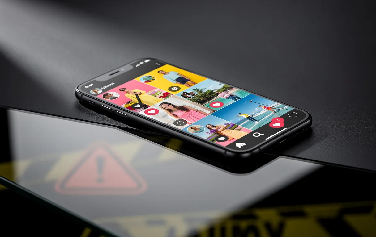 Un smartphone posé sur un bureau affiche un fil de médias sociaux coloré avec des publications d’influenceurs, tandis que des signes d’avertissement et un ruban de signalisation se reflètent sur la surface polie.