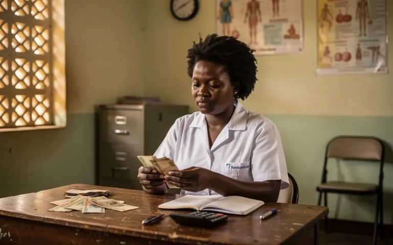 Une sage-femme ivoirienne en uniforme blanc compte de l’argent à un bureau de clinique modeste baigné de lumière douce.