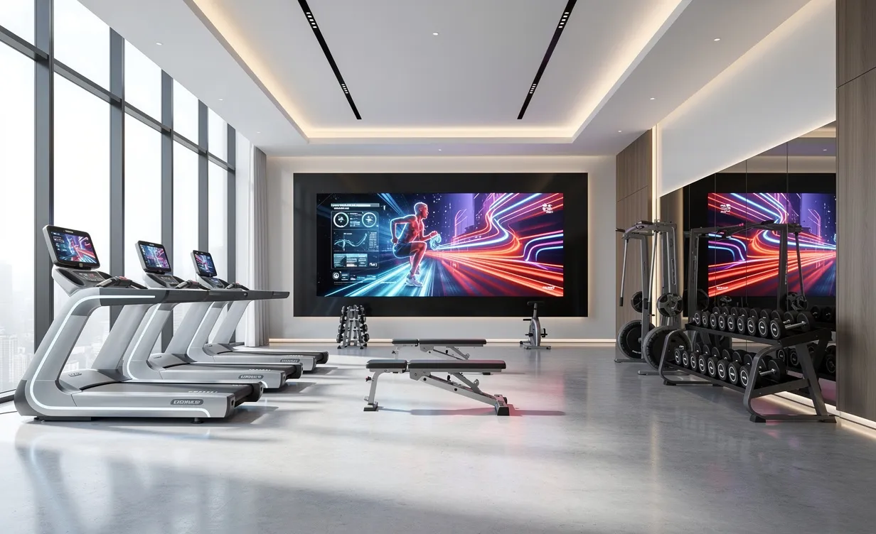 Intérieur d’une salle de sport moderne avec des équipements futuristes et des écrans numériques lumineux, baigné de lumière naturelle.