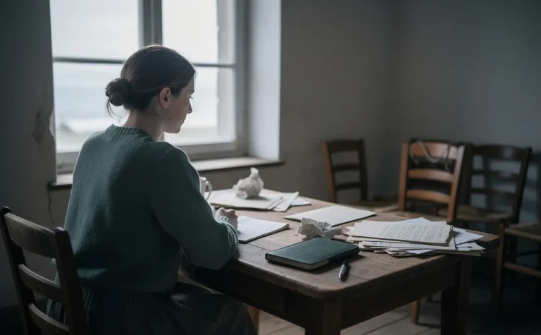 Une jeune femme bretonne est assise seule à un bureau en bois devant une fenêtre, avec des chaises vides et des documents épars sous une lumière naturelle.