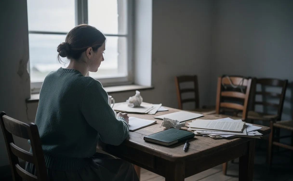 Une jeune femme bretonne est assise seule à un bureau en bois devant une fenêtre, avec des chaises vides et des documents épars sous une lumière naturelle.