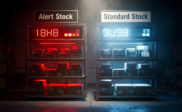 Deux étagères dans un entrepôt faiblement éclairé, l'une marquée Alert Stock avec des chiffres rouges lumineux, l'autre Standard Stock avec des chiffres bleus, dans une atmosphère tendue.