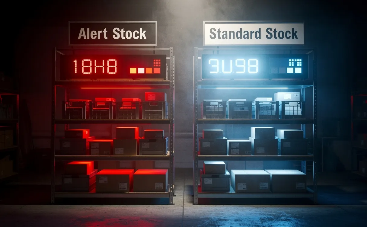 Deux étagères dans un entrepôt faiblement éclairé, l'une marquée Alert Stock avec des chiffres rouges lumineux, l'autre Standard Stock avec des chiffres bleus, dans une atmosphère tendue.