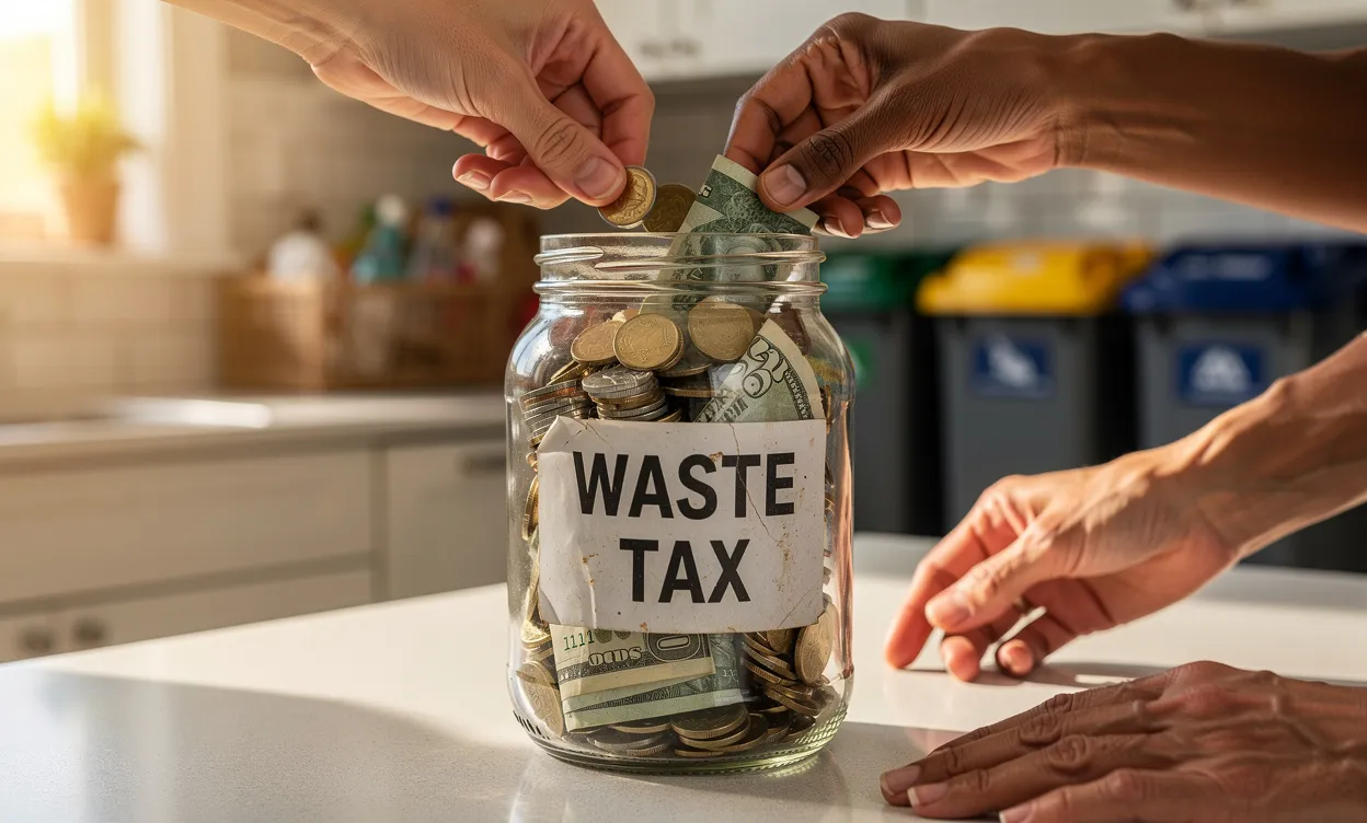 Plusieurs mains mettent des pièces et des billets dans un bocal transparent marqué taxe sur les déchets, posé sur un plan de travail de cuisine avec des poubelles en arrière-plan.