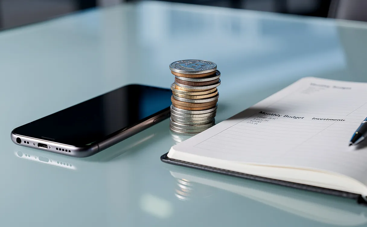 Un smartphone posé à côté d’une pile de pièces et d’un carnet de finances sur un bureau en verre baigné de lumière bleutée.