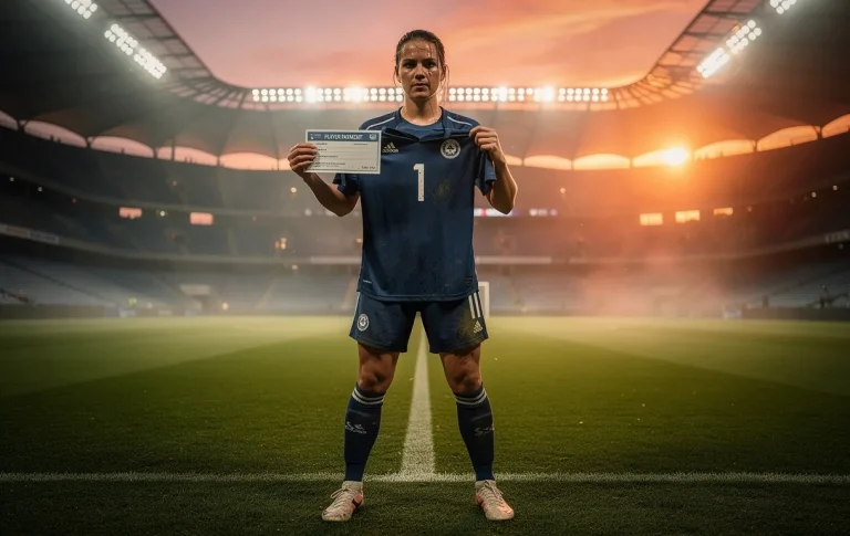 Une footballeuse déterminée tient son maillot et un chèque de paie dans un stade moderne aux tribunes vides éclairées par la lumière du coucher de soleil.